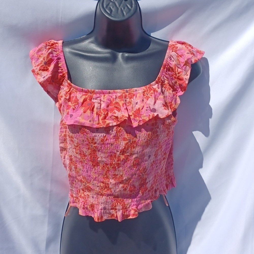 Hippie Rose Crop Top Large Pink Orange Tank Floral Ruffle Tropical Coconut Aloha